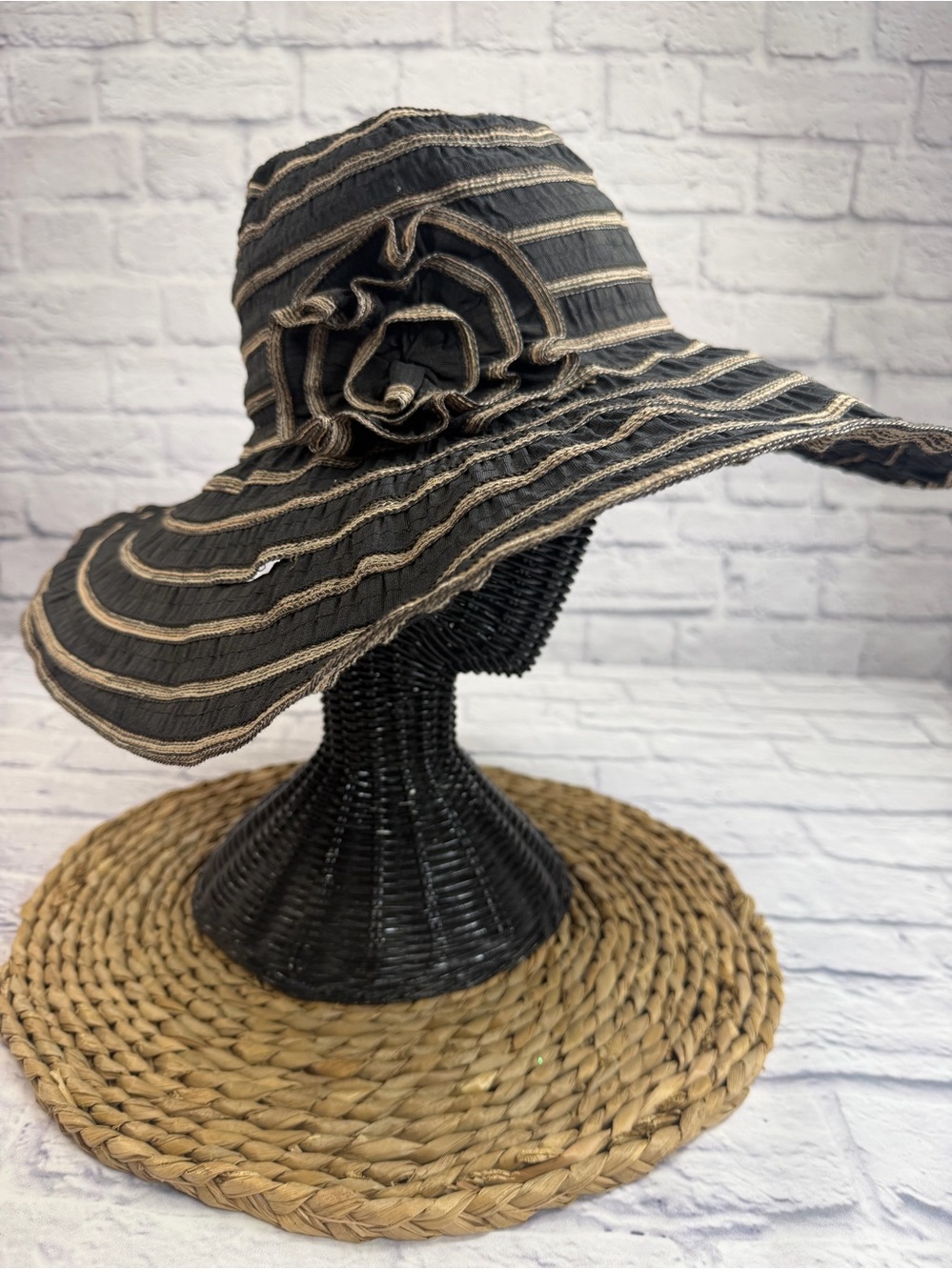 Milani Black Wide-Brim Sun Hat with Tan Stripes and Flower Accent